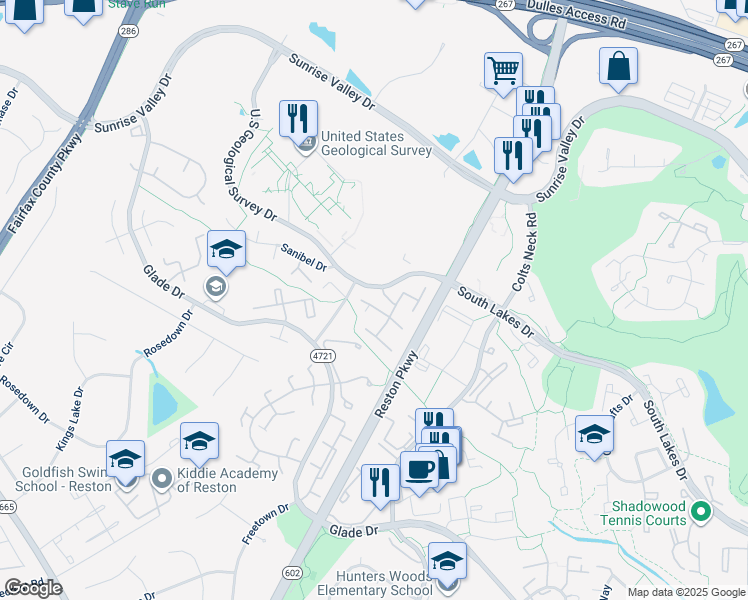 map of restaurants, bars, coffee shops, grocery stores, and more near 2320 Southgate Square in Reston
