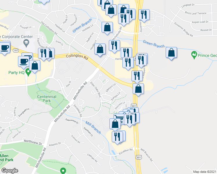 map of restaurants, bars, coffee shops, grocery stores, and more near 16322 Elkhorn Lane in Bowie