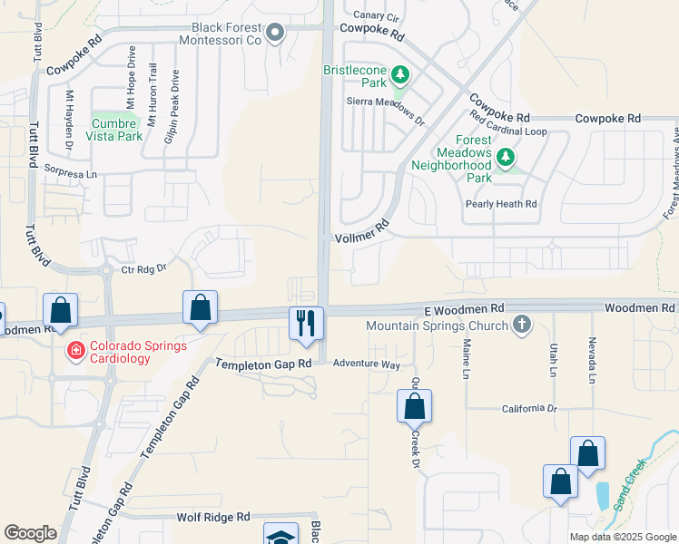 map of restaurants, bars, coffee shops, grocery stores, and more near 7540 Copper Range Heights in Colorado Springs