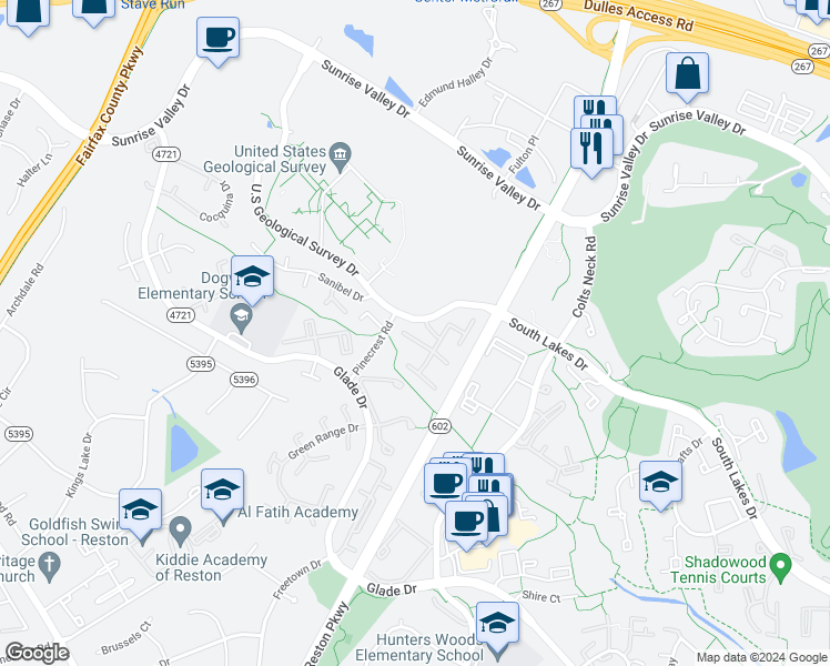 map of restaurants, bars, coffee shops, grocery stores, and more near 2320 Southgate Square in Reston