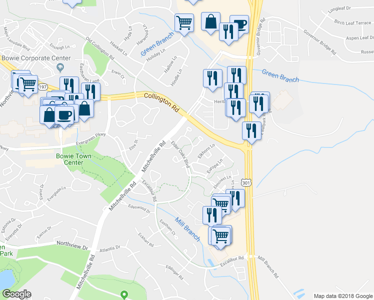 map of restaurants, bars, coffee shops, grocery stores, and more near 16421 Ellipse Terrace in Bowie