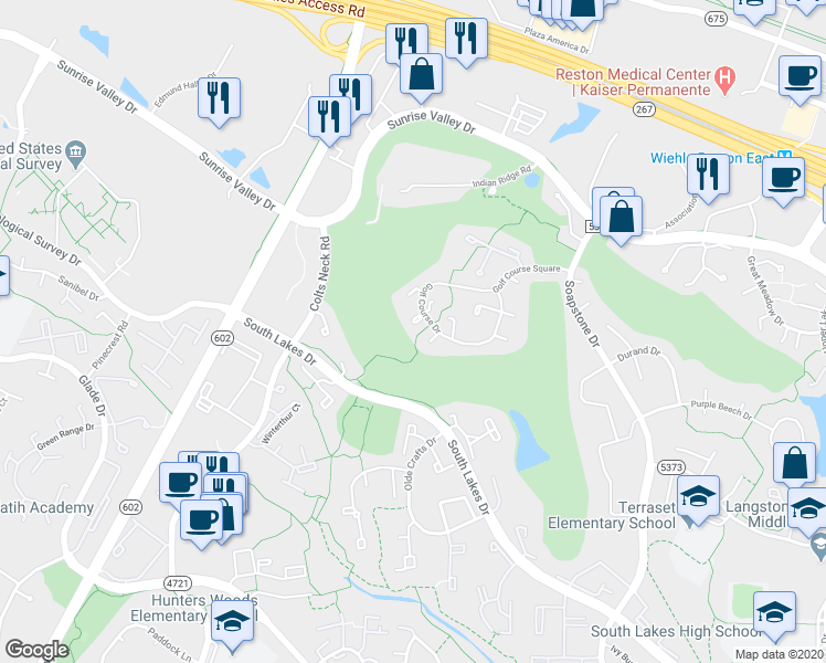 map of restaurants, bars, coffee shops, grocery stores, and more near 2152 Golf Course Drive in Reston