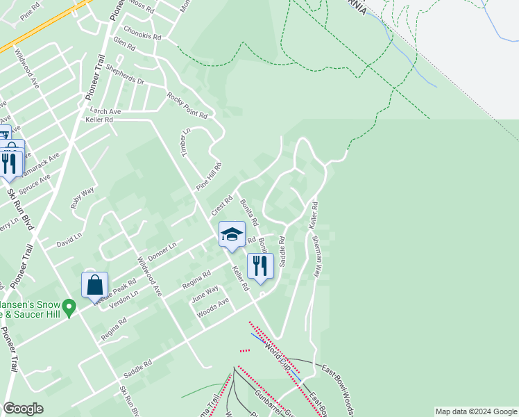 map of restaurants, bars, coffee shops, grocery stores, and more near 4274 Saddle Road in South Lake Tahoe