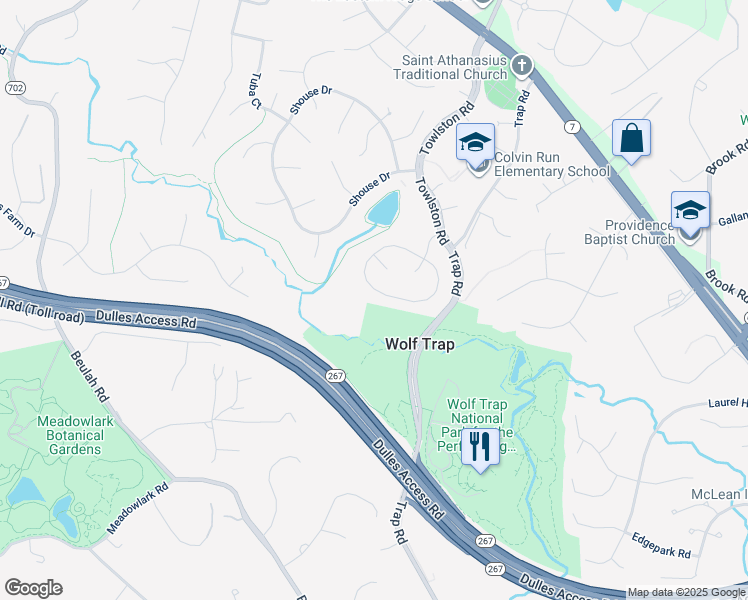 map of restaurants, bars, coffee shops, grocery stores, and more near 9329 Sibelius Drive in Vienna