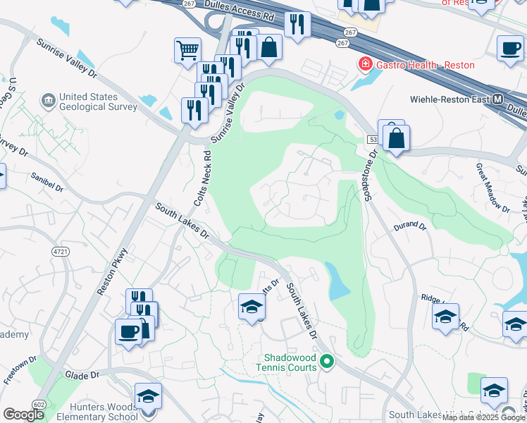 map of restaurants, bars, coffee shops, grocery stores, and more near 2152 Golf Course Drive in Reston