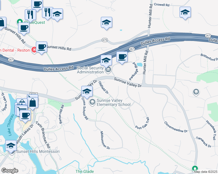 map of restaurants, bars, coffee shops, grocery stores, and more near 10806 Oldfield Drive in Reston