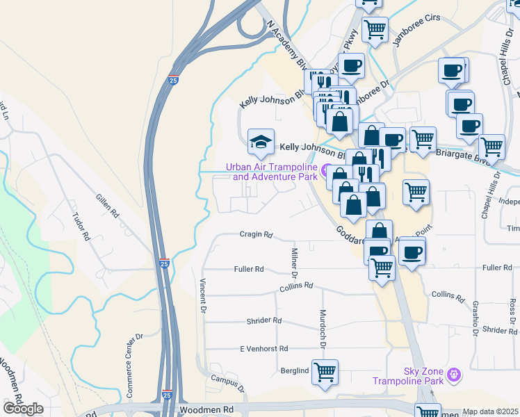 map of restaurants, bars, coffee shops, grocery stores, and more near 960 Robbie View in Colorado Springs
