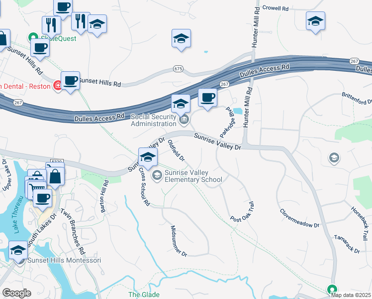 map of restaurants, bars, coffee shops, grocery stores, and more near 10806 Oldfield Drive in Reston