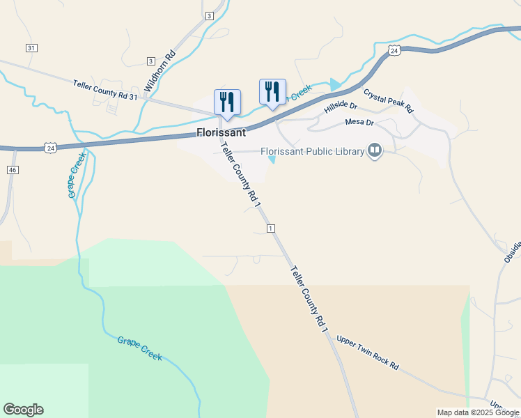map of restaurants, bars, coffee shops, grocery stores, and more near County Road 1 in Florissant