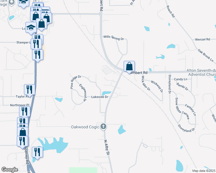 map of restaurants, bars, coffee shops, grocery stores, and more near 107 Alby North Court in Godfrey