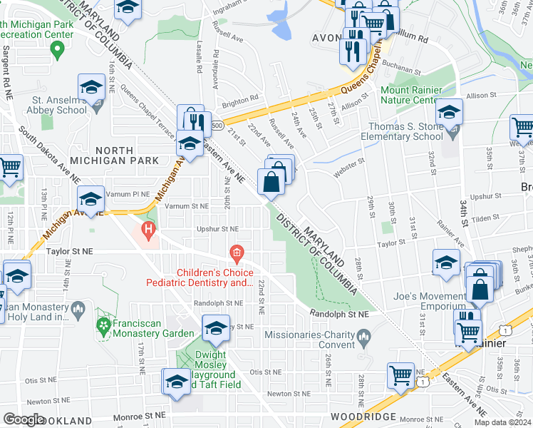 map of restaurants, bars, coffee shops, grocery stores, and more near 4321 22nd Street Northeast in Washington