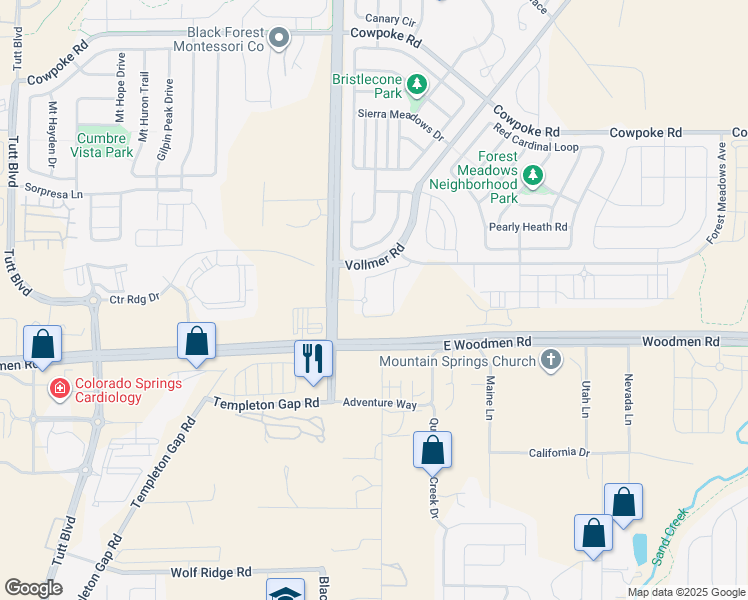 map of restaurants, bars, coffee shops, grocery stores, and more near 7535 Copper Range Heights in Colorado Springs