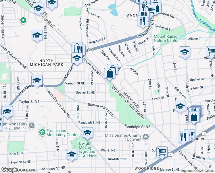 map of restaurants, bars, coffee shops, grocery stores, and more near 4321 22nd Street Northeast in Washington