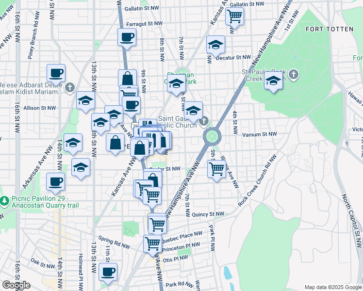 map of restaurants, bars, coffee shops, grocery stores, and more near 4212 7th Street Northwest in Washington