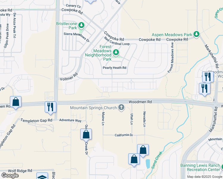map of restaurants, bars, coffee shops, grocery stores, and more near 7648 Silver Larch Point in Colorado Springs