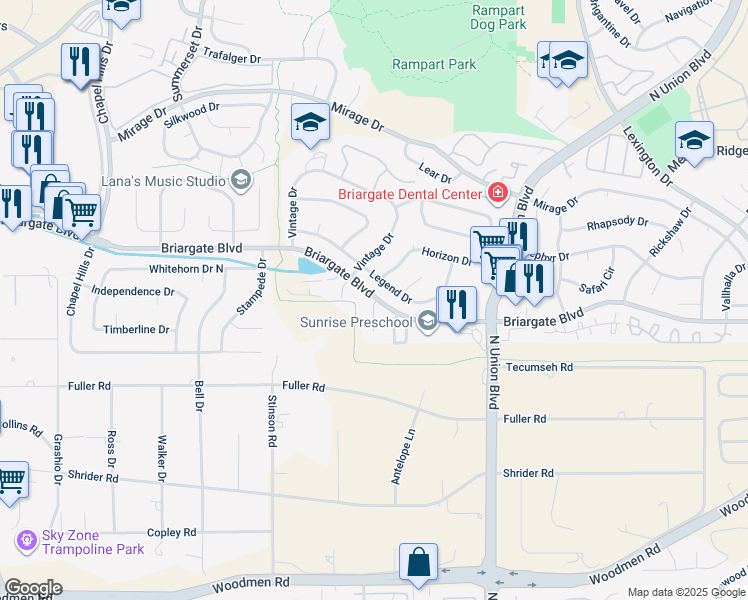 map of restaurants, bars, coffee shops, grocery stores, and more near 7903 Horizon Drive in Colorado Springs