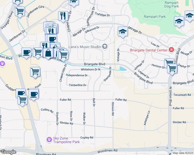 map of restaurants, bars, coffee shops, grocery stores, and more near 7684 Bell Drive in Colorado Springs