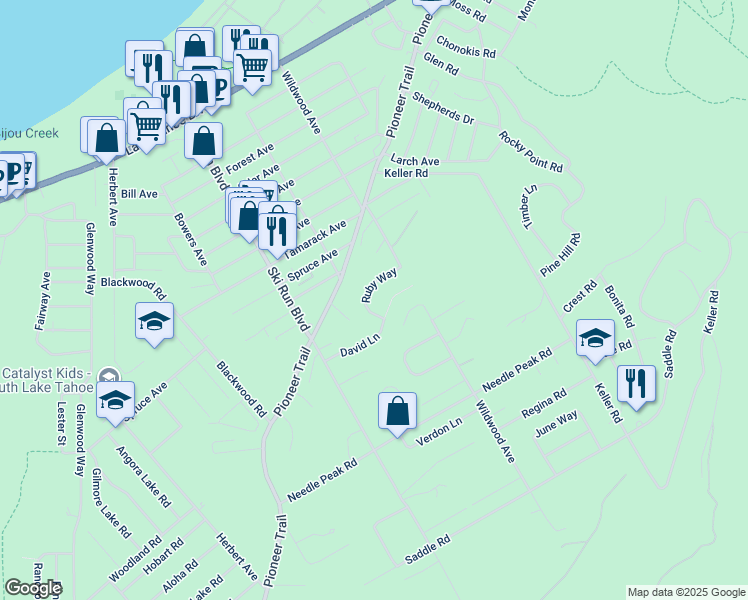 map of restaurants, bars, coffee shops, grocery stores, and more near 3764 Ruby Way in South Lake Tahoe