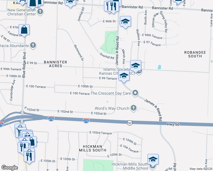 map of restaurants, bars, coffee shops, grocery stores, and more near 8105 East 99 Terrace in Kansas City