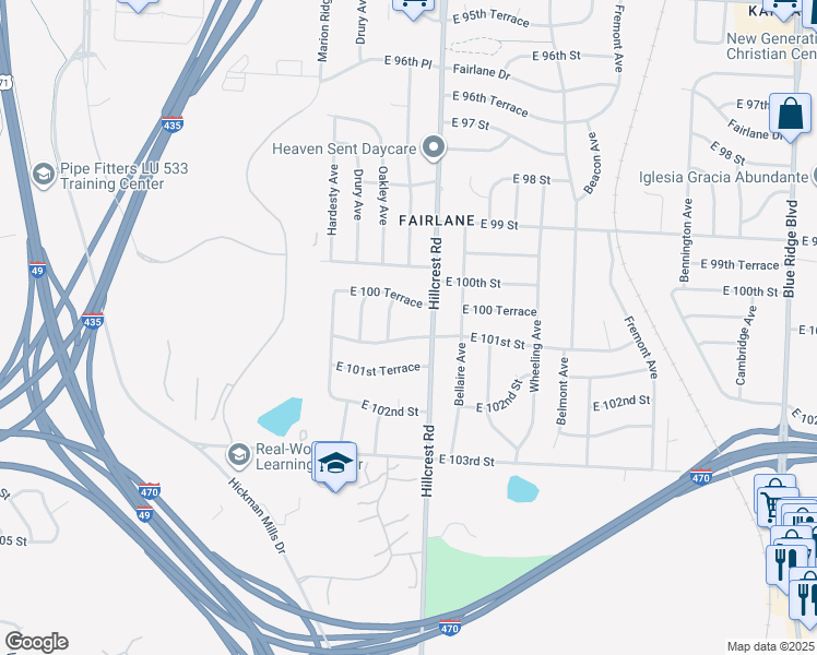map of restaurants, bars, coffee shops, grocery stores, and more near 10003 Oakley Avenue in Kansas City