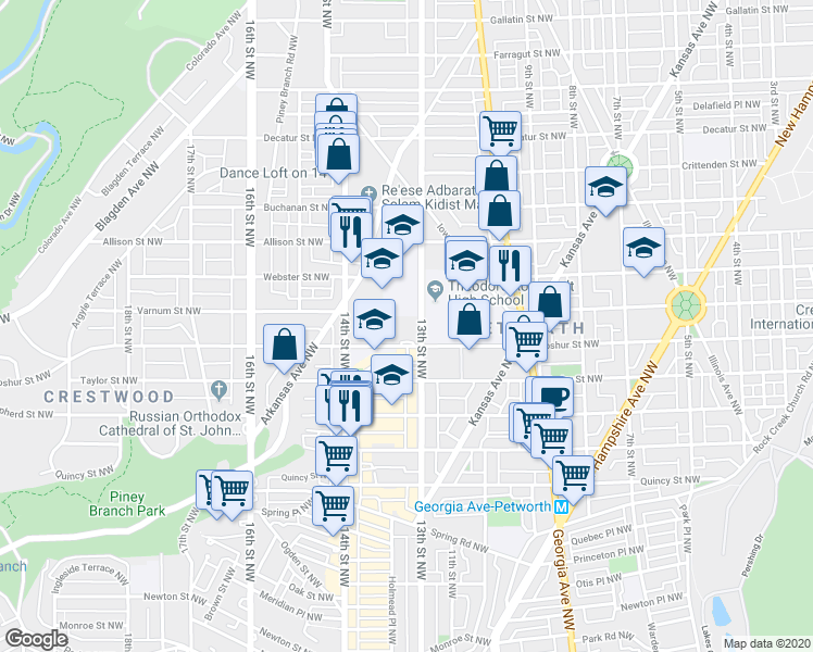 map of restaurants, bars, coffee shops, grocery stores, and more near 4202 13th Street Northwest in Washington