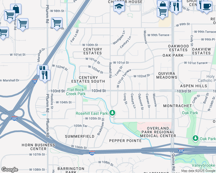 map of restaurants, bars, coffee shops, grocery stores, and more near 10234 Rosehill Road in Lenexa