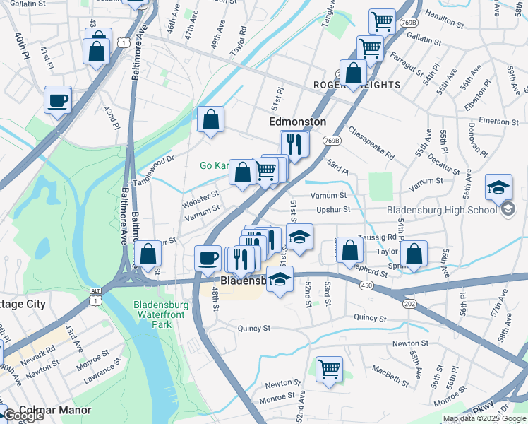 map of restaurants, bars, coffee shops, grocery stores, and more near in Bladensburg