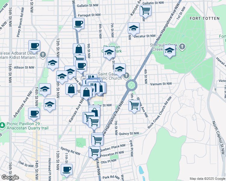 map of restaurants, bars, coffee shops, grocery stores, and more near 4212 7th Street Northwest in Washington
