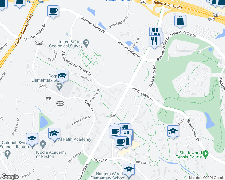 map of restaurants, bars, coffee shops, grocery stores, and more near 2258 Southgate Square in Reston