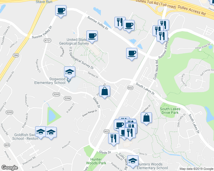 map of restaurants, bars, coffee shops, grocery stores, and more near 2344 Southgate Square in Reston