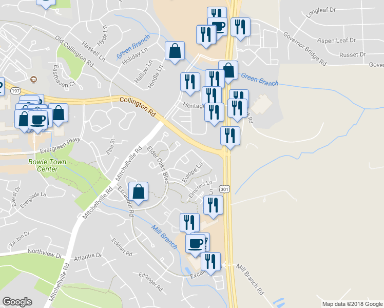 map of restaurants, bars, coffee shops, grocery stores, and more near 16405 Elkhorn Lane in Bowie