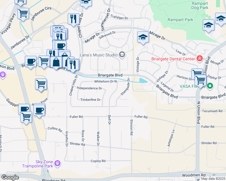 map of restaurants, bars, coffee shops, grocery stores, and more near 7684 Bell Drive in Colorado Springs