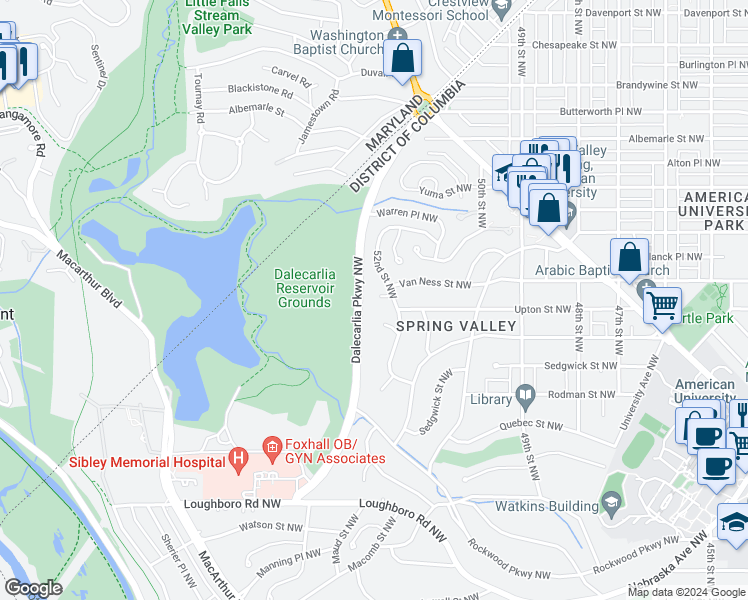 map of restaurants, bars, coffee shops, grocery stores, and more near 5212 Upton Terrace Northwest in Washington
