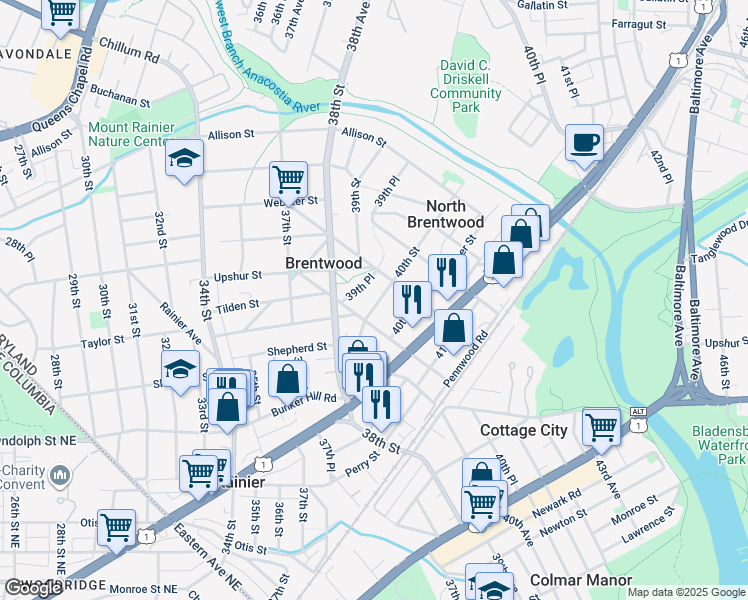 map of restaurants, bars, coffee shops, grocery stores, and more near 4312 40th Street in Brentwood