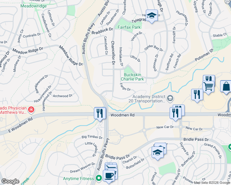 map of restaurants, bars, coffee shops, grocery stores, and more near 7680 Chancellor Drive in Colorado Springs