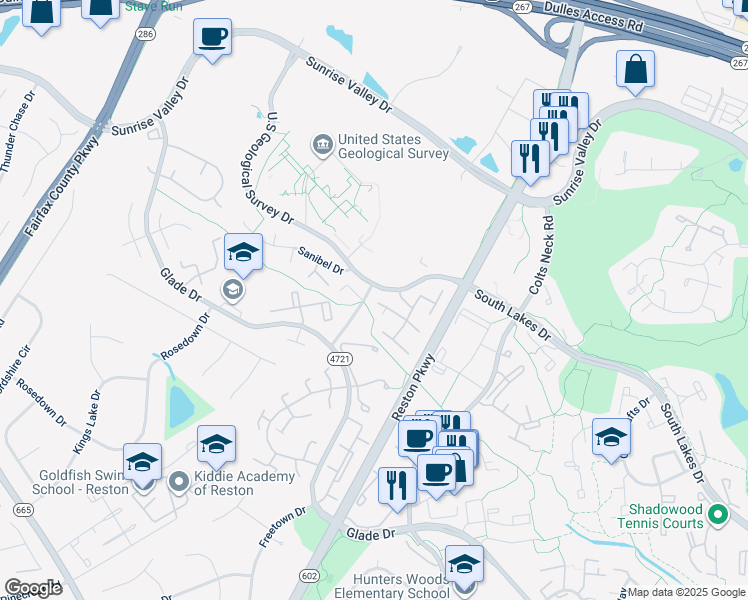map of restaurants, bars, coffee shops, grocery stores, and more near 2344 Southgate Square in Reston