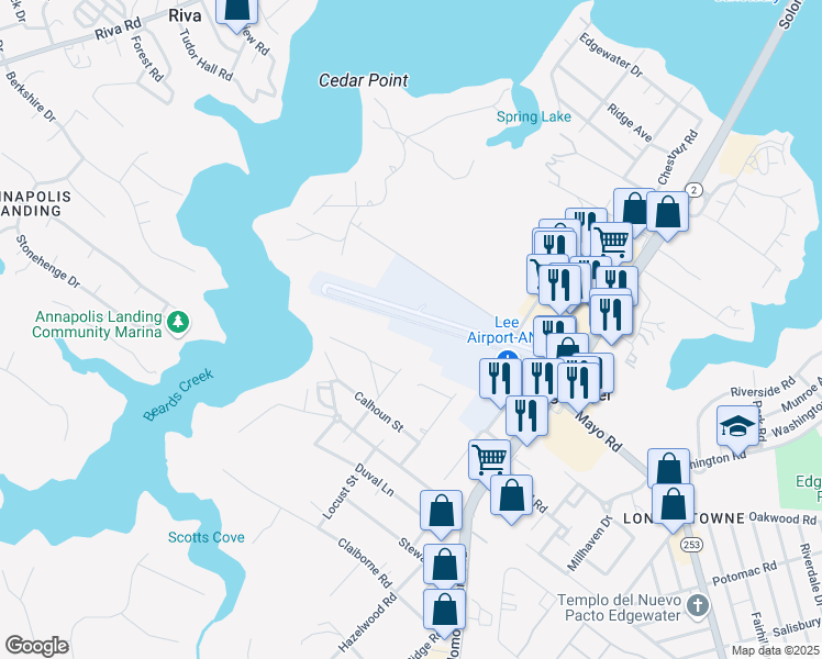 map of restaurants, bars, coffee shops, grocery stores, and more near 3094 Solomons Island Road in Edgewater