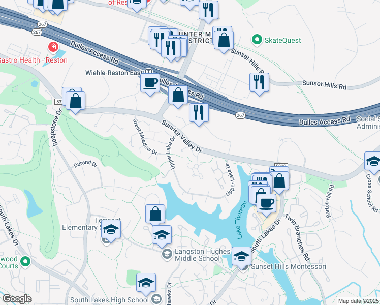 map of restaurants, bars, coffee shops, grocery stores, and more near 11319 Headlands Court in Reston