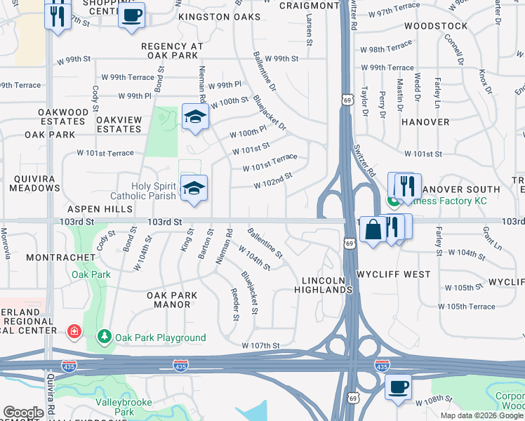 map of restaurants, bars, coffee shops, grocery stores, and more near 10229 Reeder Street in Overland Park
