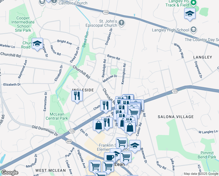 map of restaurants, bars, coffee shops, grocery stores, and more near 6837 Fairway Street in McLean