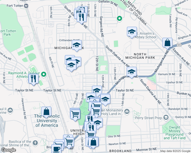 map of restaurants, bars, coffee shops, grocery stores, and more near 4314 12th Street Northeast in Washington