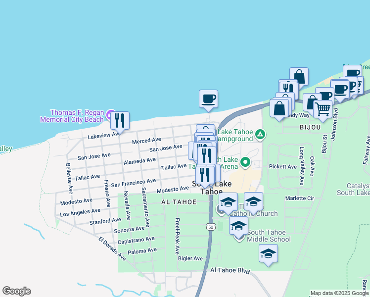 map of restaurants, bars, coffee shops, grocery stores, and more near 948 San Jose Avenue in South Lake Tahoe