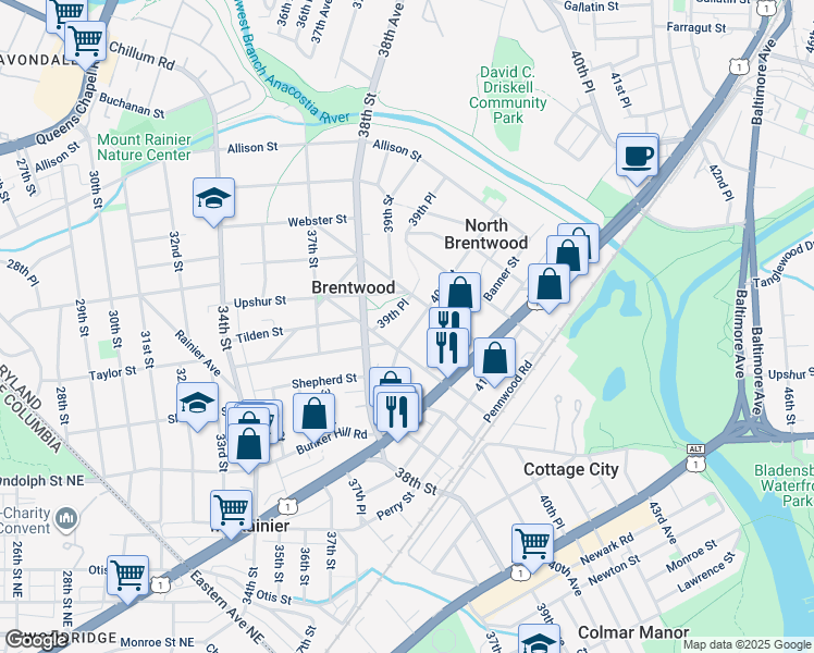 map of restaurants, bars, coffee shops, grocery stores, and more near 4312 40th Street in Brentwood