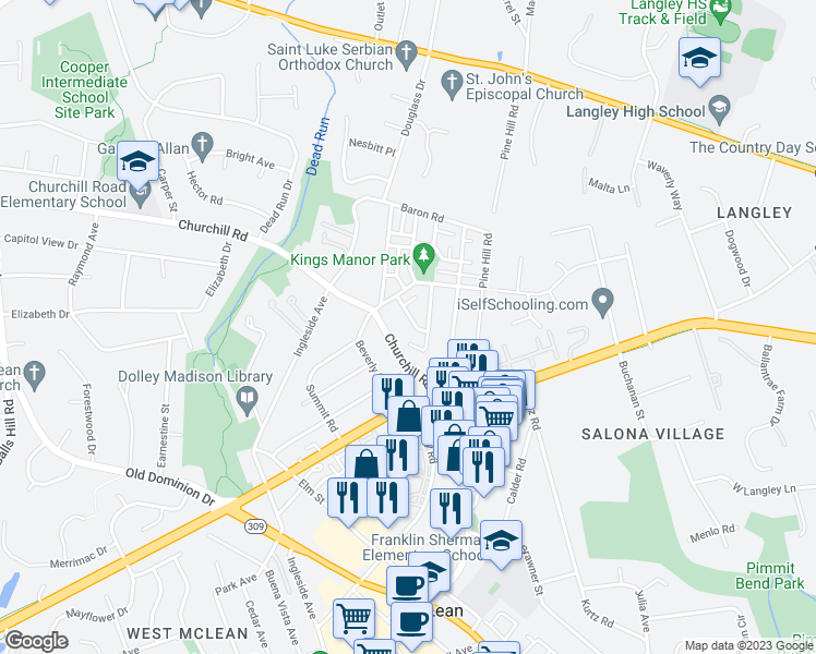 map of restaurants, bars, coffee shops, grocery stores, and more near 6837 Fairway Street in McLean