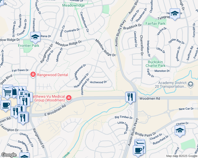 map of restaurants, bars, coffee shops, grocery stores, and more near 4315 Basswood Drive in Colorado Springs