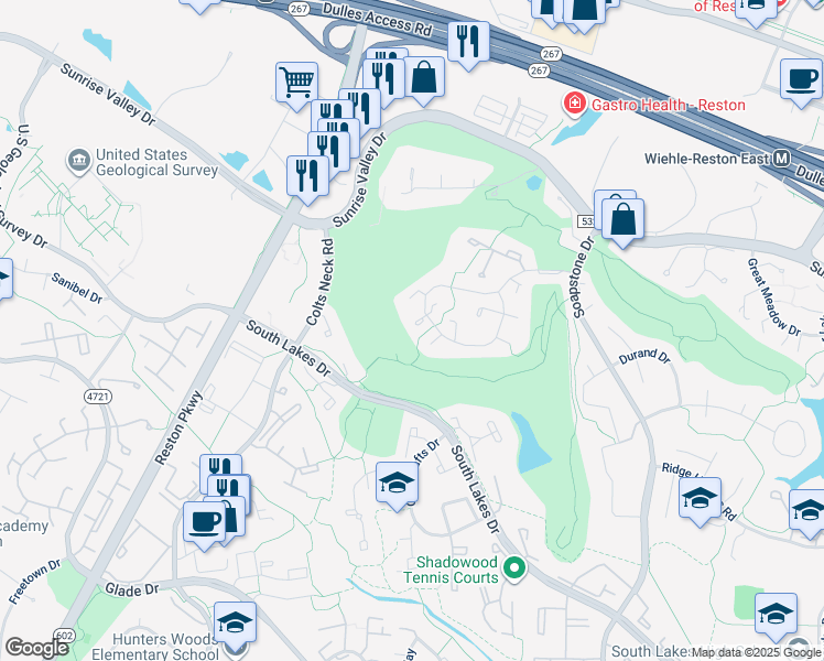 map of restaurants, bars, coffee shops, grocery stores, and more near 2156 Golf Course Drive in Reston