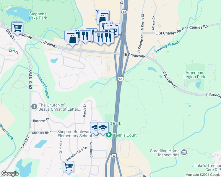 map of restaurants, bars, coffee shops, grocery stores, and more near 2900 Green Valley Drive in Columbia