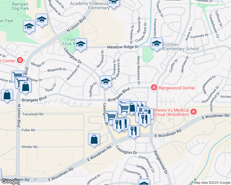 map of restaurants, bars, coffee shops, grocery stores, and more near 7612 Clover Hill Drive in Colorado Springs