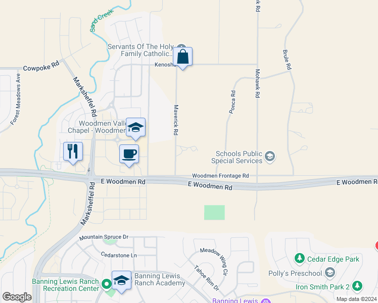 map of restaurants, bars, coffee shops, grocery stores, and more near 7615 Maverick Road in Colorado Springs