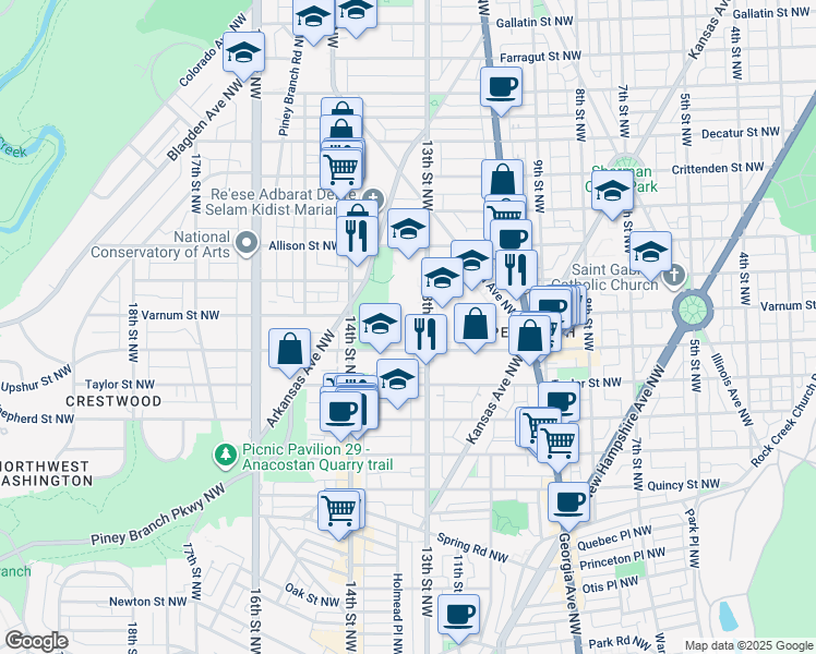 map of restaurants, bars, coffee shops, grocery stores, and more near 4202 13th Street Northwest in Washington